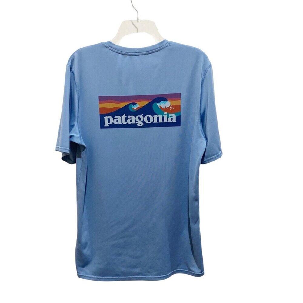 Patagonia Shirt Logo Blue UPF 50 Short Sleeve Outdoor Surf Fish Mens Size Small
